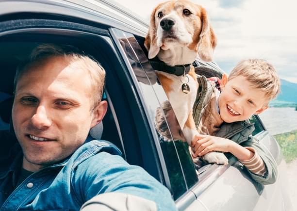 family with dog driving